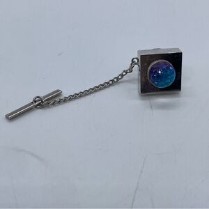 Silver Square Tie Tack with Iridescent Blue-Purple Orb